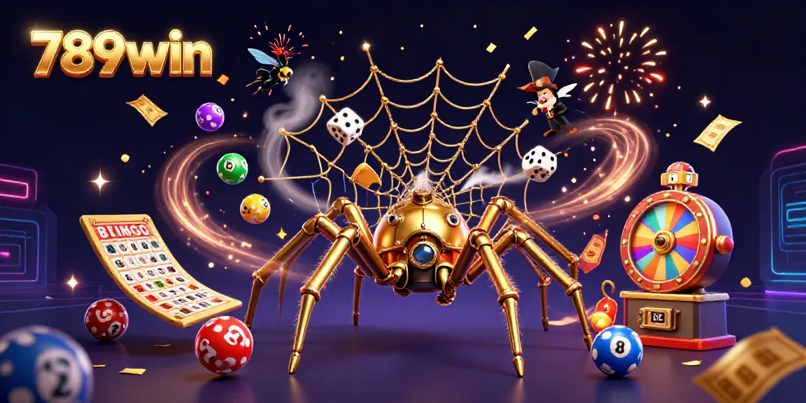 Engage with thrilling activities at 789win featuring colorful lottery balls and a steampunk spider web.