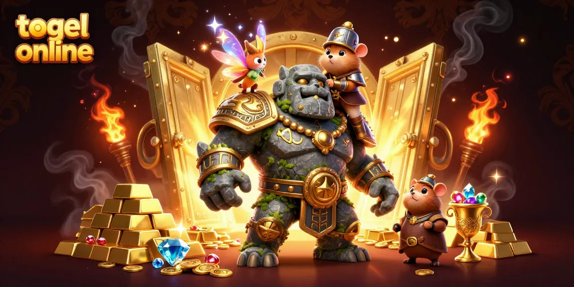 Gambaran menawan tentang togel online dengan karakter golem kuno, peri, dan ksatria hamster.