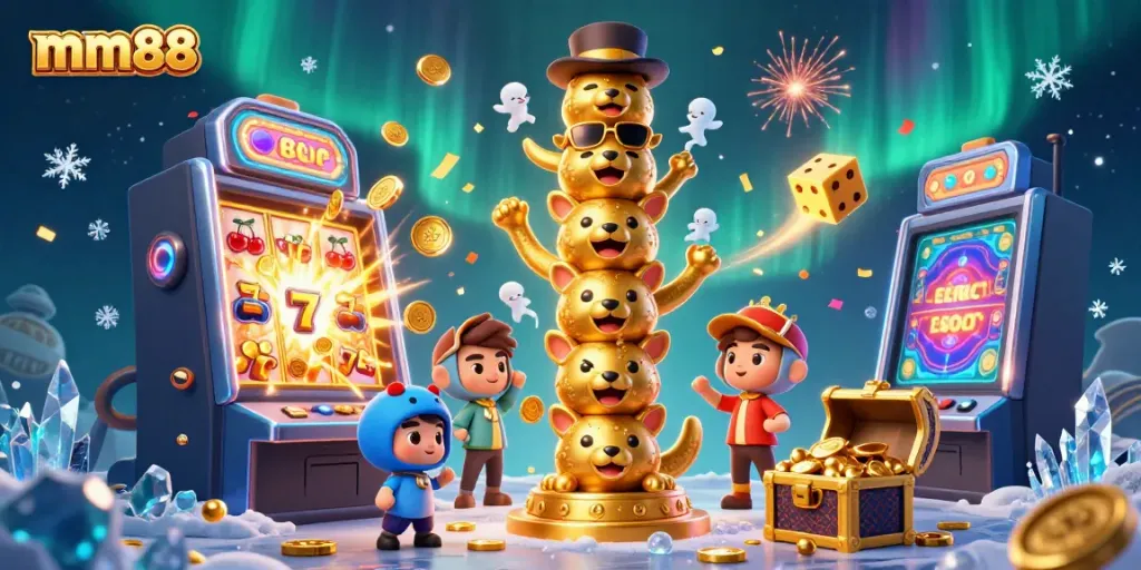 Experience the excitement of mm88 with a dynamic scene showcasing a golden totem, jackpot thunder, and rich casino visuals.