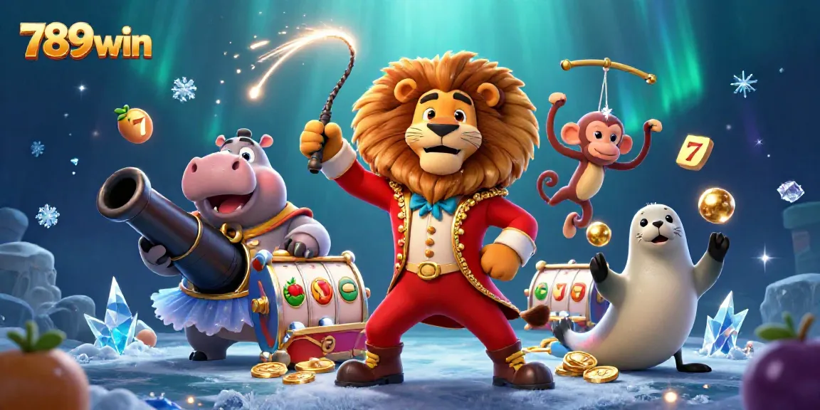 Experience the excitement of 789win with a cartoon casino scene featuring vibrant characters and slot elements.
