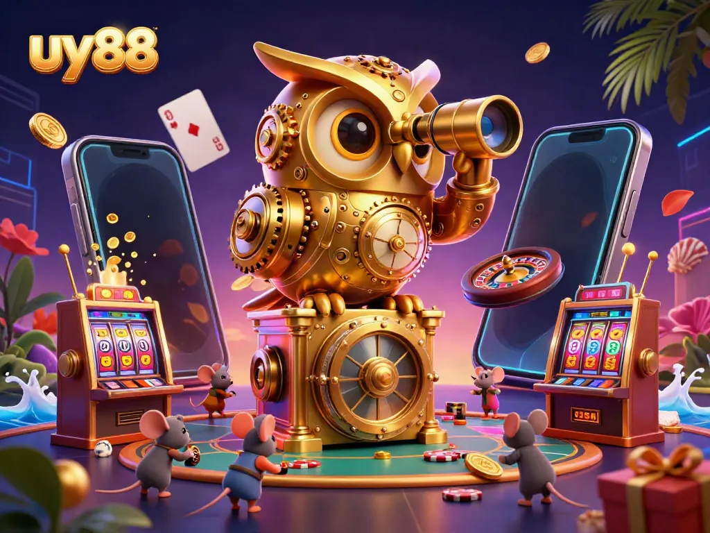 Experience the excitement of uy88 with a dynamic casino scene featuring a golden owl, vibrant games, and lively animations.