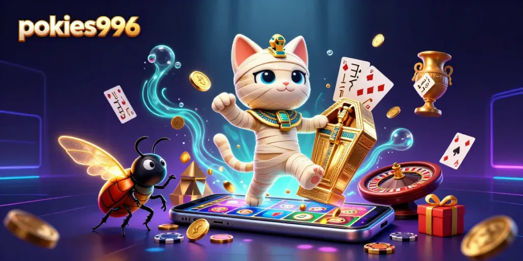 Experience pokies996 excitement with a mummy cat and glowing scarab in a casino scene.