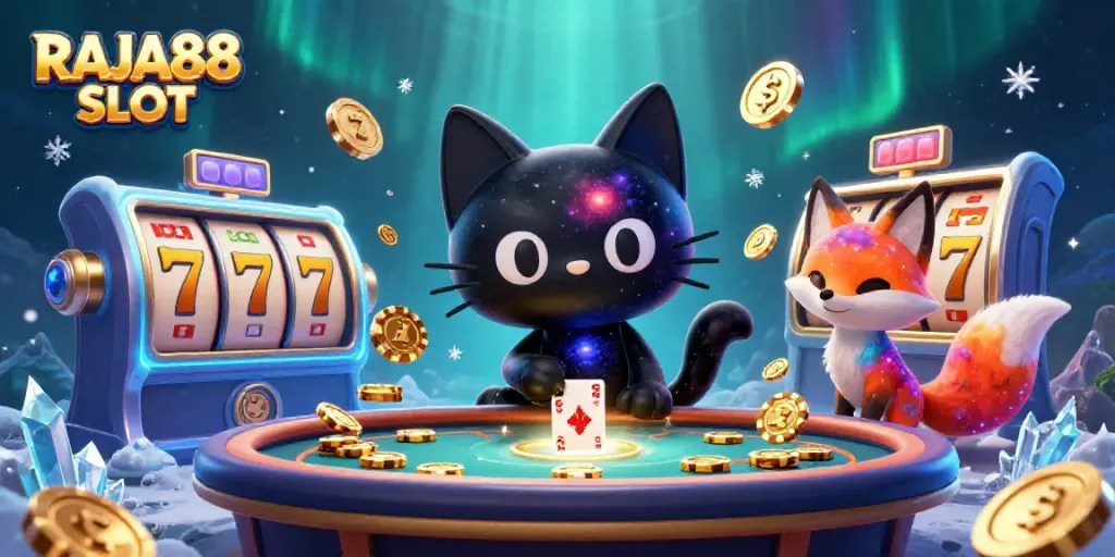 Experience the excitement of RAJA88 SLOT with a cosmic casino scene featuring colorful characters and slot elements.