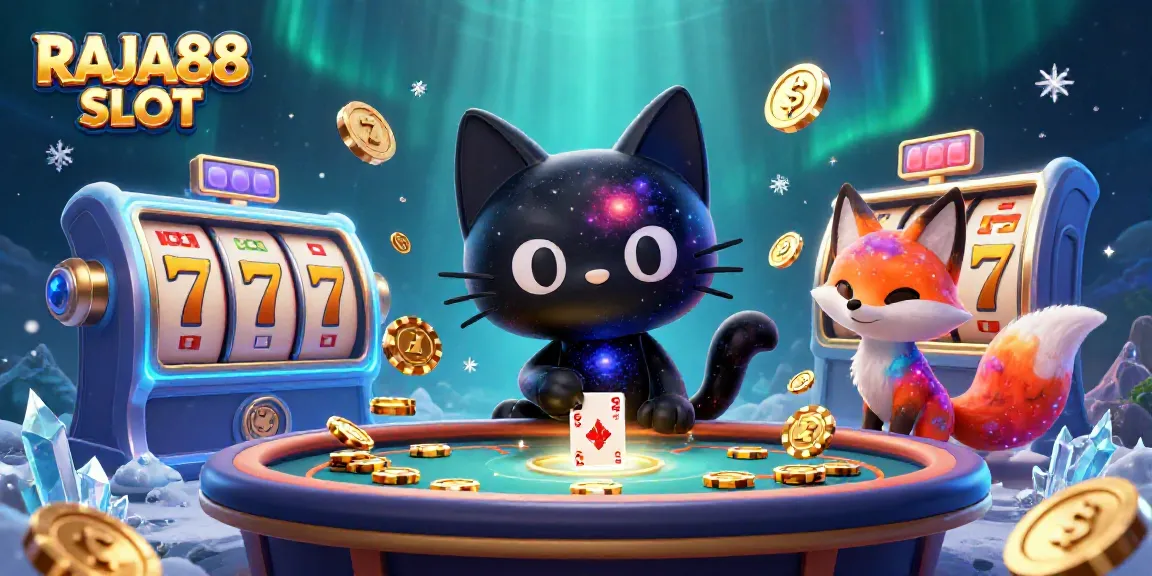 Experience the excitement of RAJA88 SLOT with a cosmic casino scene featuring colorful characters and slot elements.