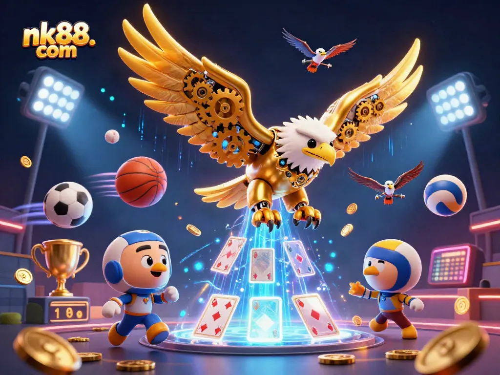 Engage with nk88. com by betting on sports as a 3D eagle soars over holographic cards.