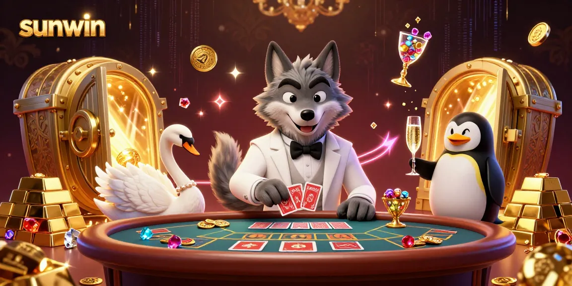 Experience the excitement of sunwin with a wolf and swan at a glamorous casino table.