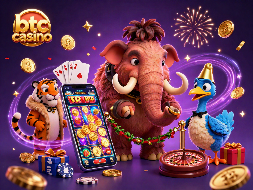 Experience thrilling BTC casino excitement with iconic characters in a vibrant 3D illustration.