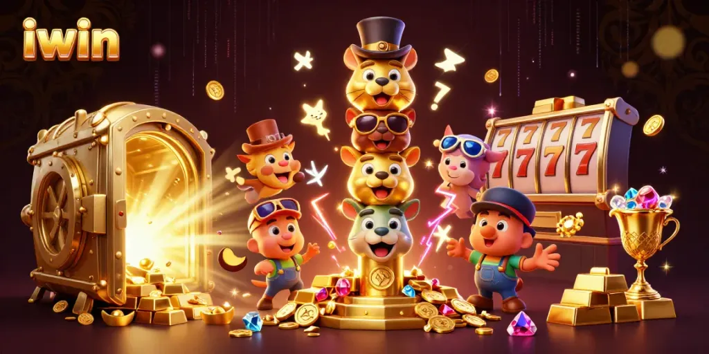 Engage with iwin's dynamic casino experience illustrated with vibrant slot reels and treasures.