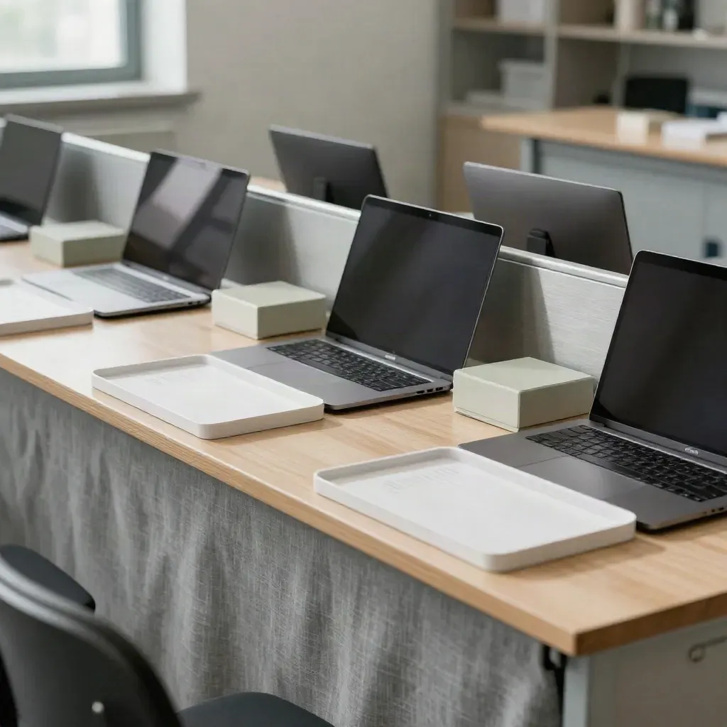 Laboratorium oceniania na uczelni z zamkniętymi laptopami, tacami i bloczkami sortującymi.