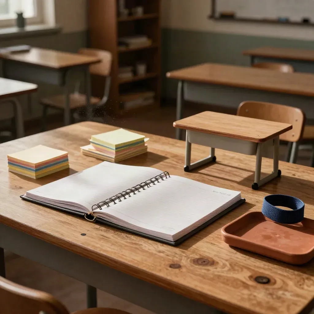Segregator i materiały do szkoleń nauczycieli w ciepłym świetle, z miniaturową klasą