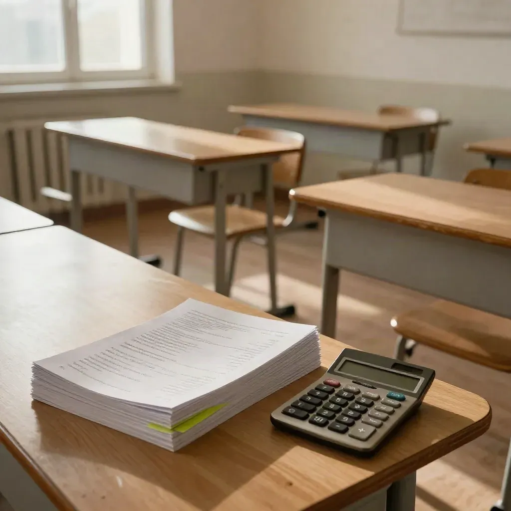 Pusta klasa do matury z matematyki, stos testów, kalkulator i starte ławki w ciepłym świetle.