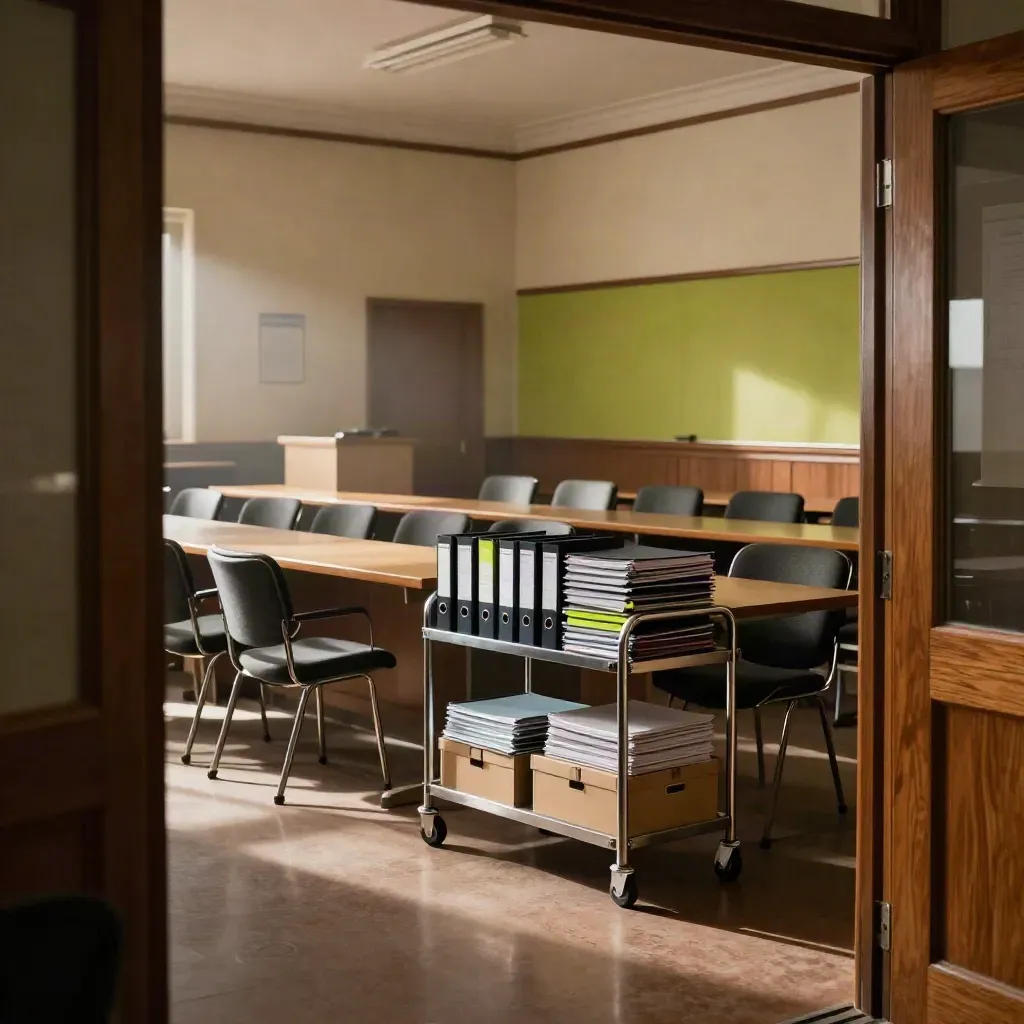 Pusta sala rady pedagogicznej z teczkami lekcji, rzędem krzeseł i ciepłym wieczornym światłem