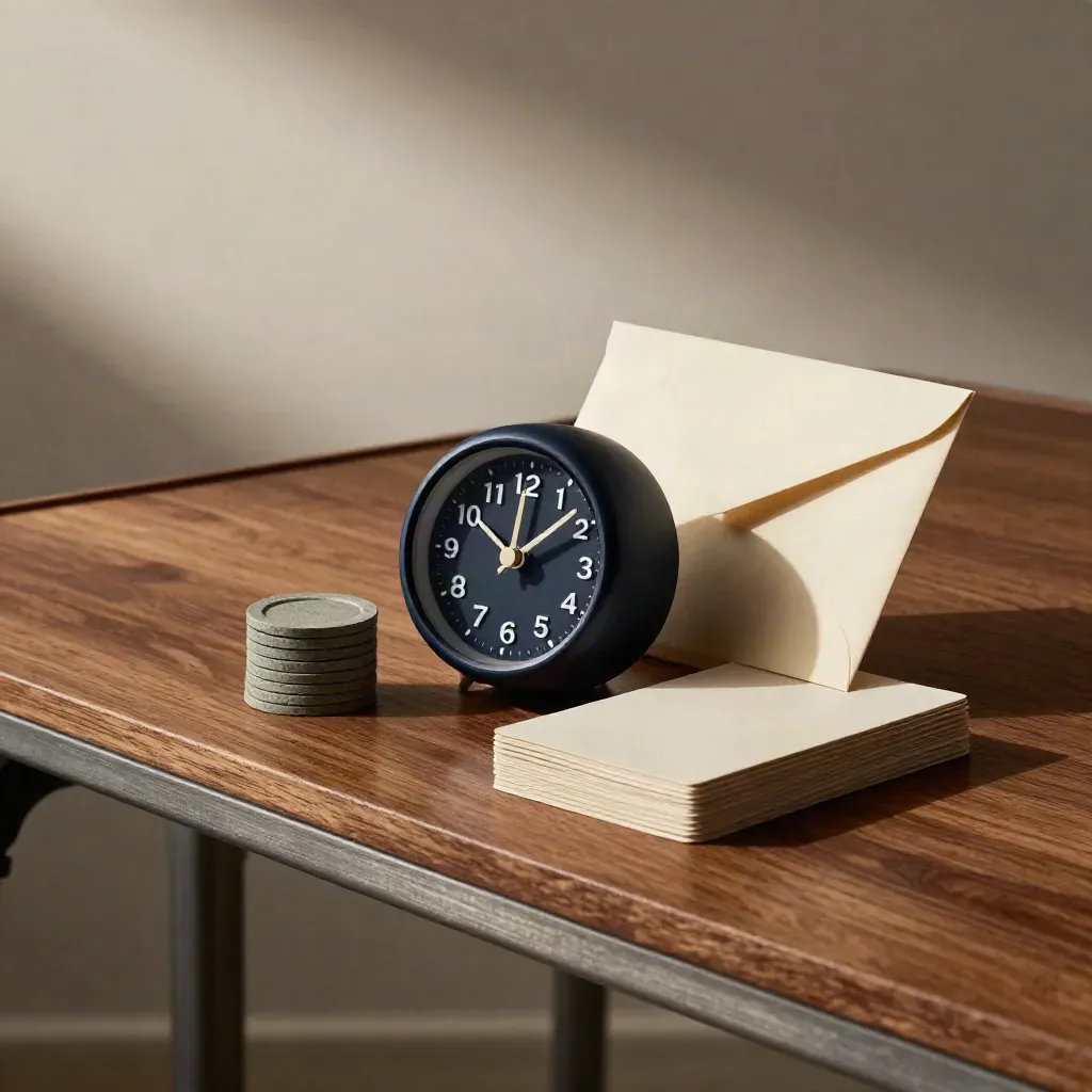Timer, karty kompetencyjne, żetony i koperta na dębowym blacie w dramatycznym świetle.
