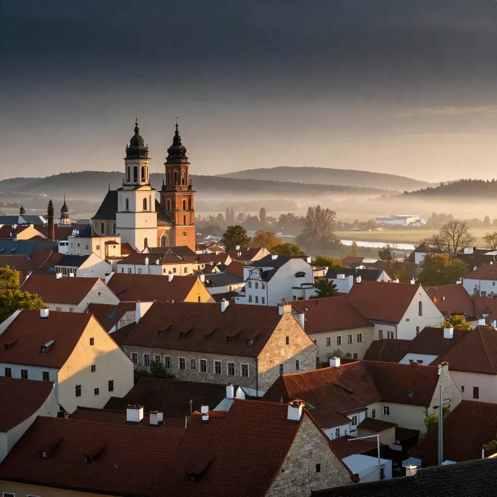 Kraków o wschodzie słońca, dachy Starego Miasta i mglista panorama Małopolski.