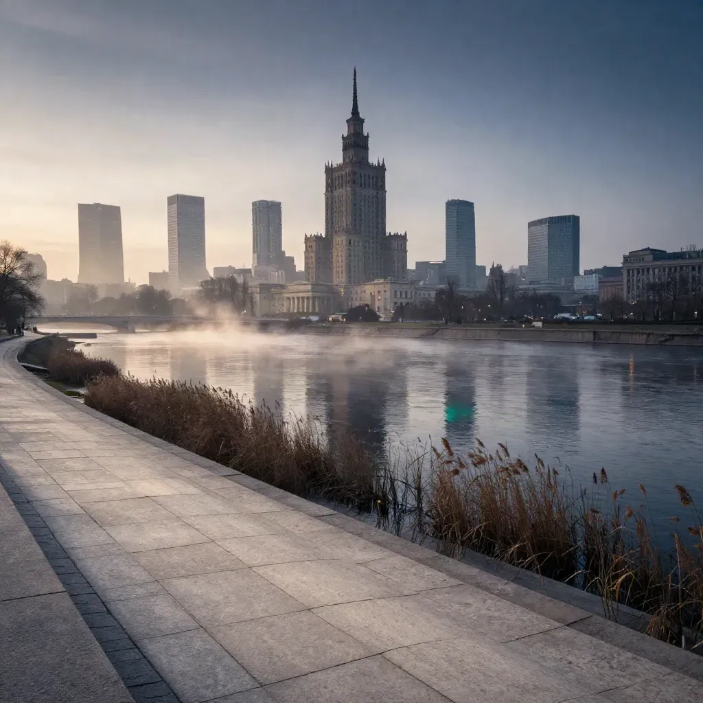Panorama Warszawy nad zakolem Wisły o zmierzchu, w lekkiej mgle.