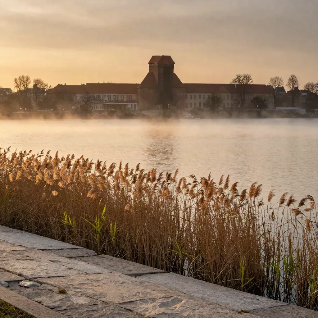 Wielkopolskie o zachodzie, sylwetka Poznania nad spokojnym jeziorem i trzcinami