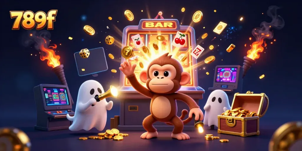 Experience thrilling gameplay with 789f as a playful poltergeist juggles gold in a haunted casino scene.