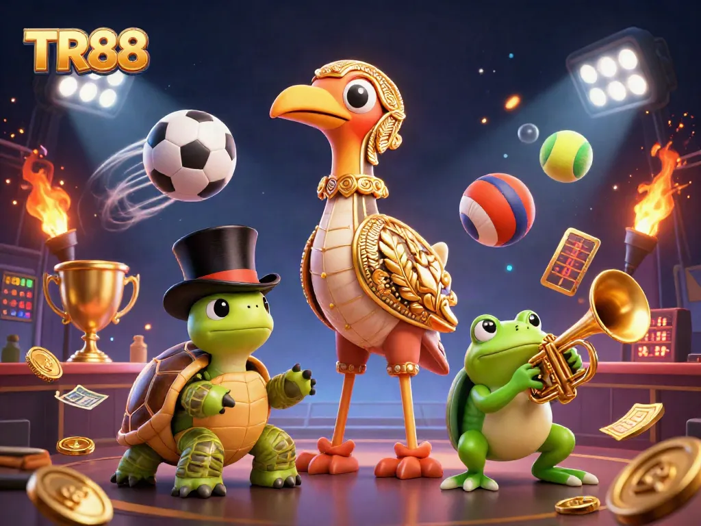 Engage with TR88's vibrant casino action, showcasing lively characters and betting elements in an electric atmosphere.