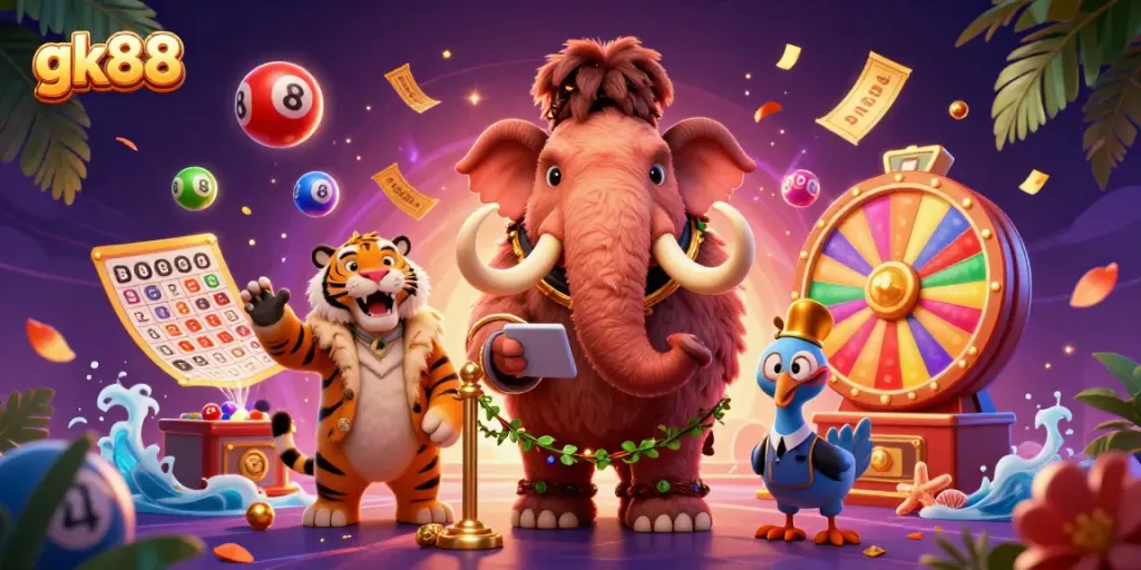 Experience the thrilling atmosphere of gk88 with a cartoon-themed casino scene featuring dynamic characters and vibrant elements.
