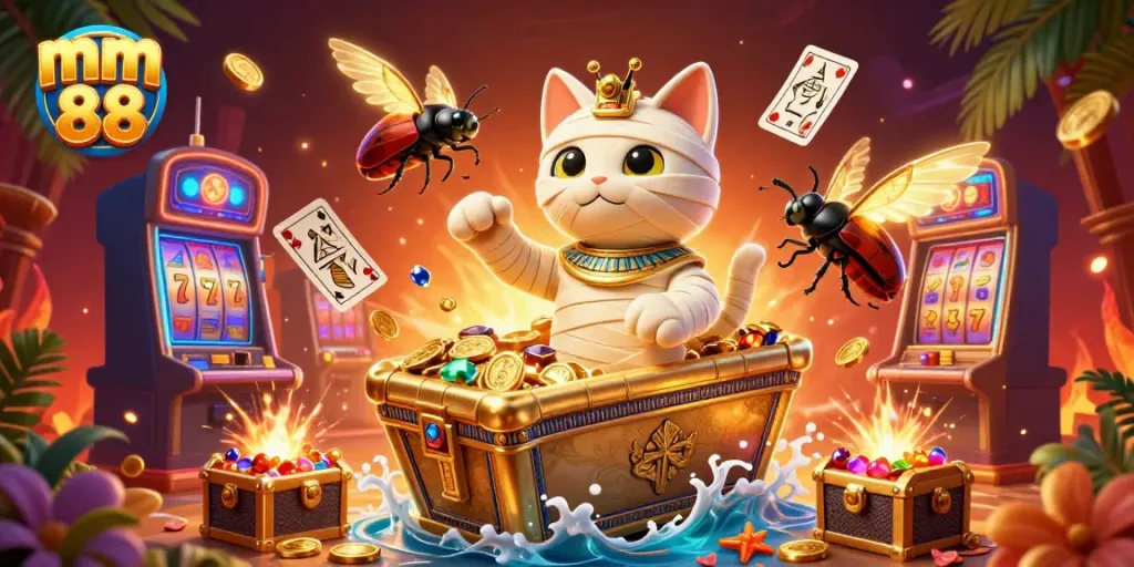 Engage with the thrilling atmosphere of casino fun at mm 88, featuring a lively mummy cat and glowing treasures.