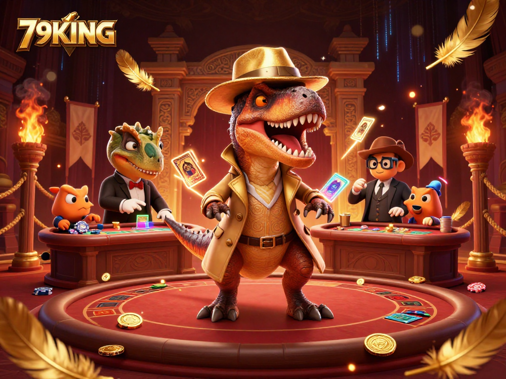 79KING velociraptor playing blackjack with chips amidst a dynamic casino scene