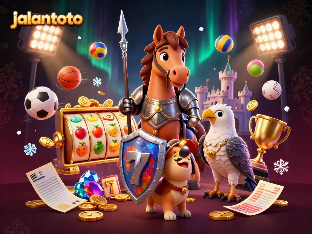 Engage with jalantoto's online slot games featuring thrilling jackpots and lively gaming elements in a vibrant 3D illustration.