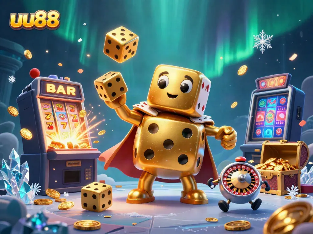 Engage with exhilarating gaming adventures at uu88, featuring an animated golden dice scene bursting with excitement.