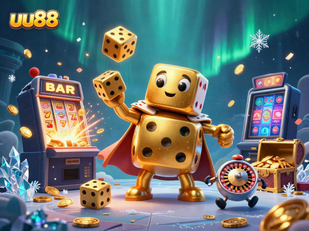 Engage with exhilarating gaming adventures at uu88, featuring an animated golden dice scene bursting with excitement.