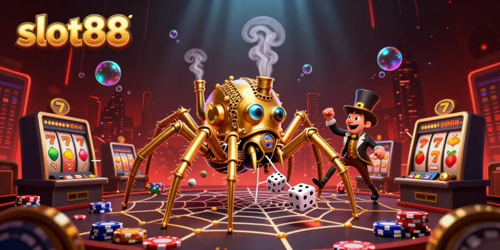 Menangkan jackpot dengan slot88 dalam ilustrasi 3D penuh warna dan detail tinggi di kasino.