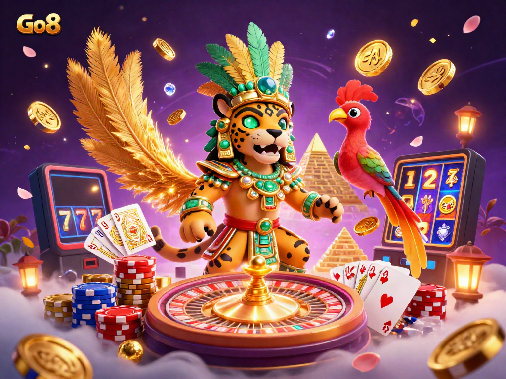 Engage with Go8 as the Mayan jaguar priest celebrates a jackpot win amid casino excitement and vibrant colors.