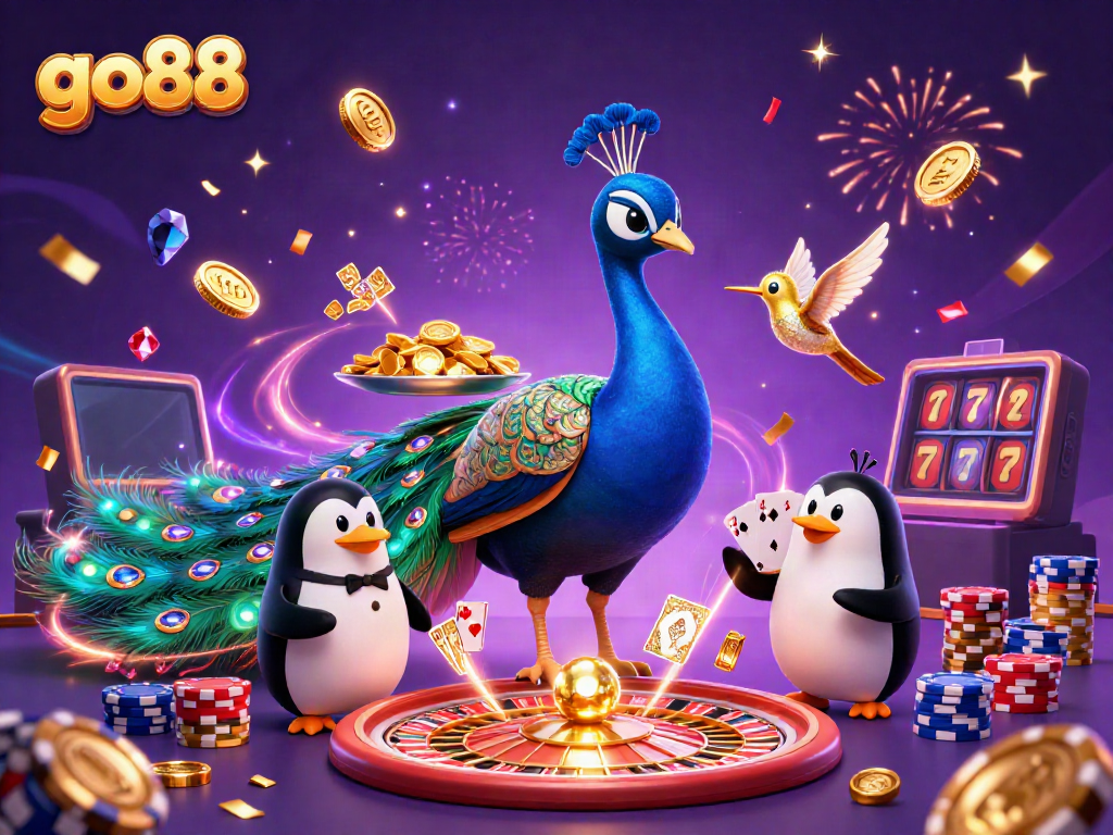 Engage with go88 as an aristocratic peacock and butler penguin celebrate wins with vibrant gambling elements.