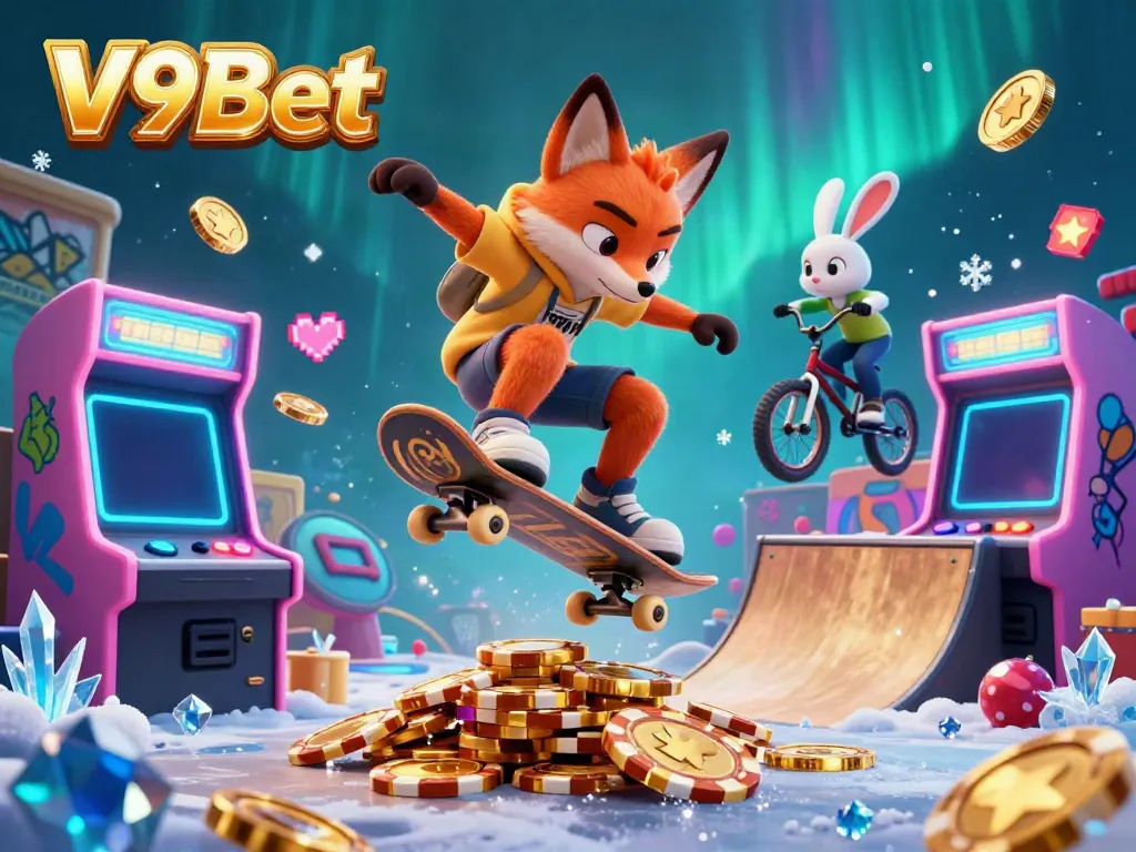 Engage with V9Bet in a vibrant scene showcasing a skateboarder fox and BMX rabbit amidst colorful casino-themed elements.