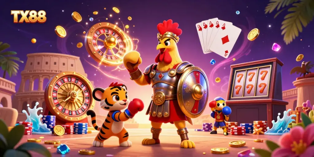 Experience excitement at TX88 with a 3D casino scene featuring vibrant characters and glittering treasures.