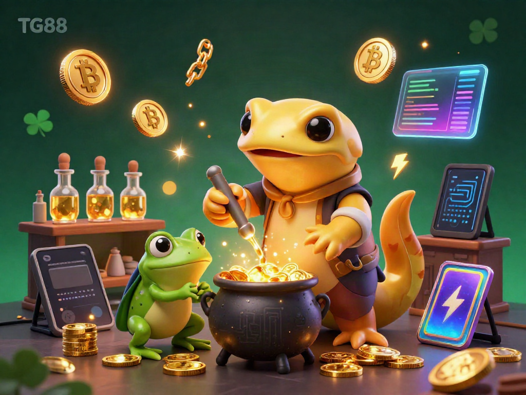 Spin golden coins with TG88’s vibrant 3D illustration of a mystical alchemist at work.