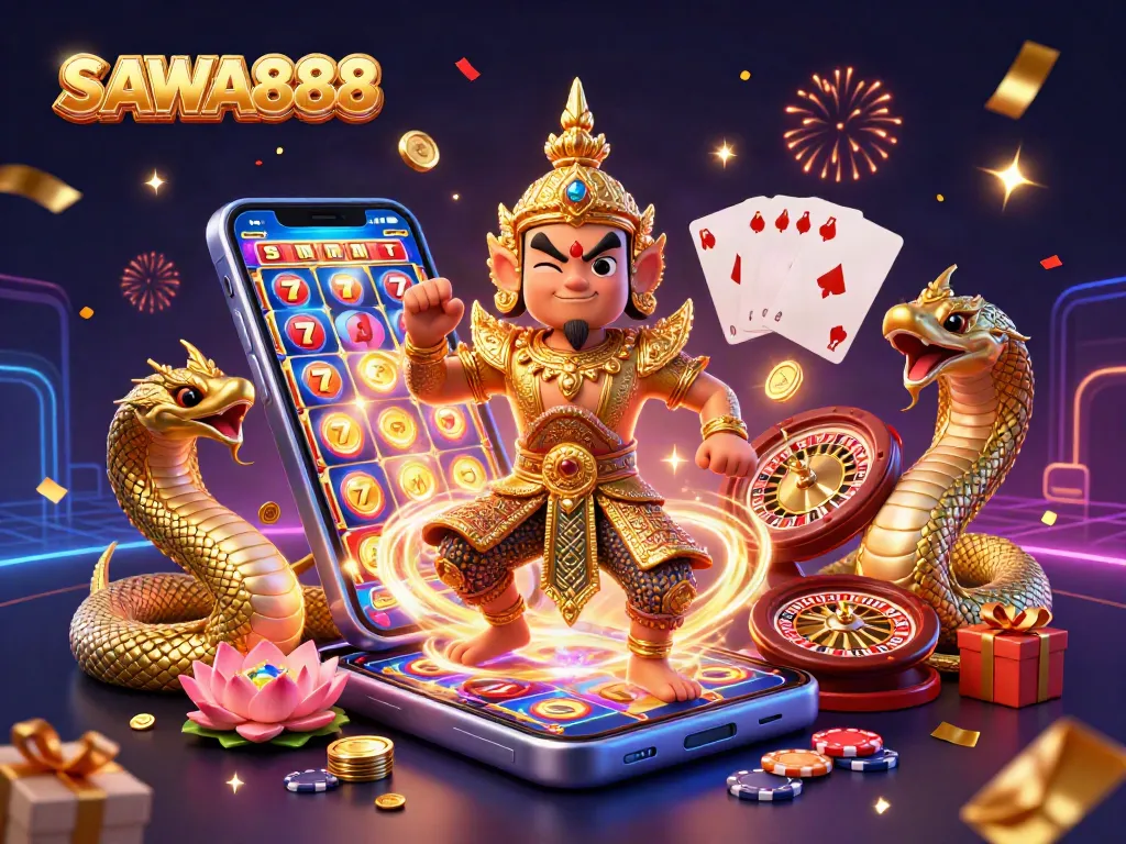 Experience excitement with SAWA888 as the guardian and Naga companions celebrate vibrant slots.