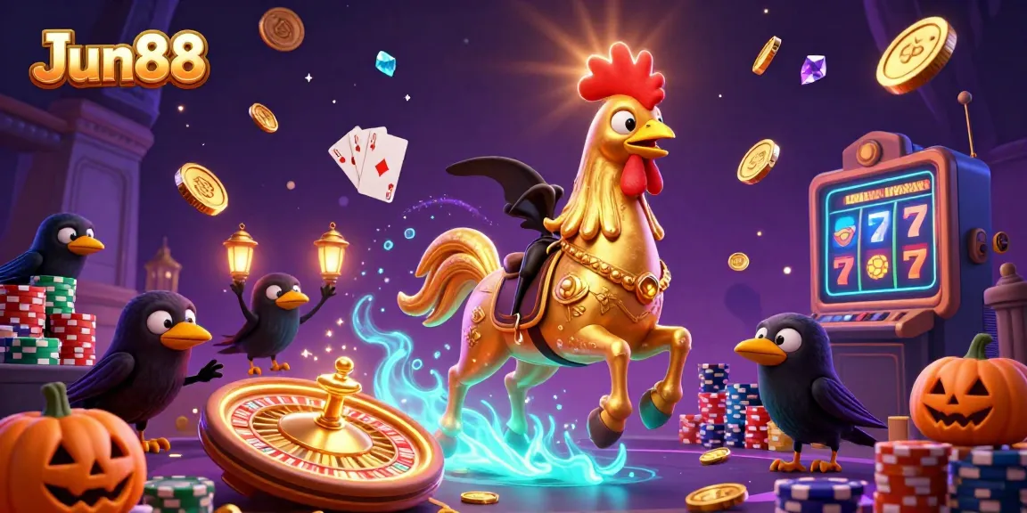 Experience thrilling gaming adventures at Jun88 with a golden rooster riding through a vibrant casino scene.