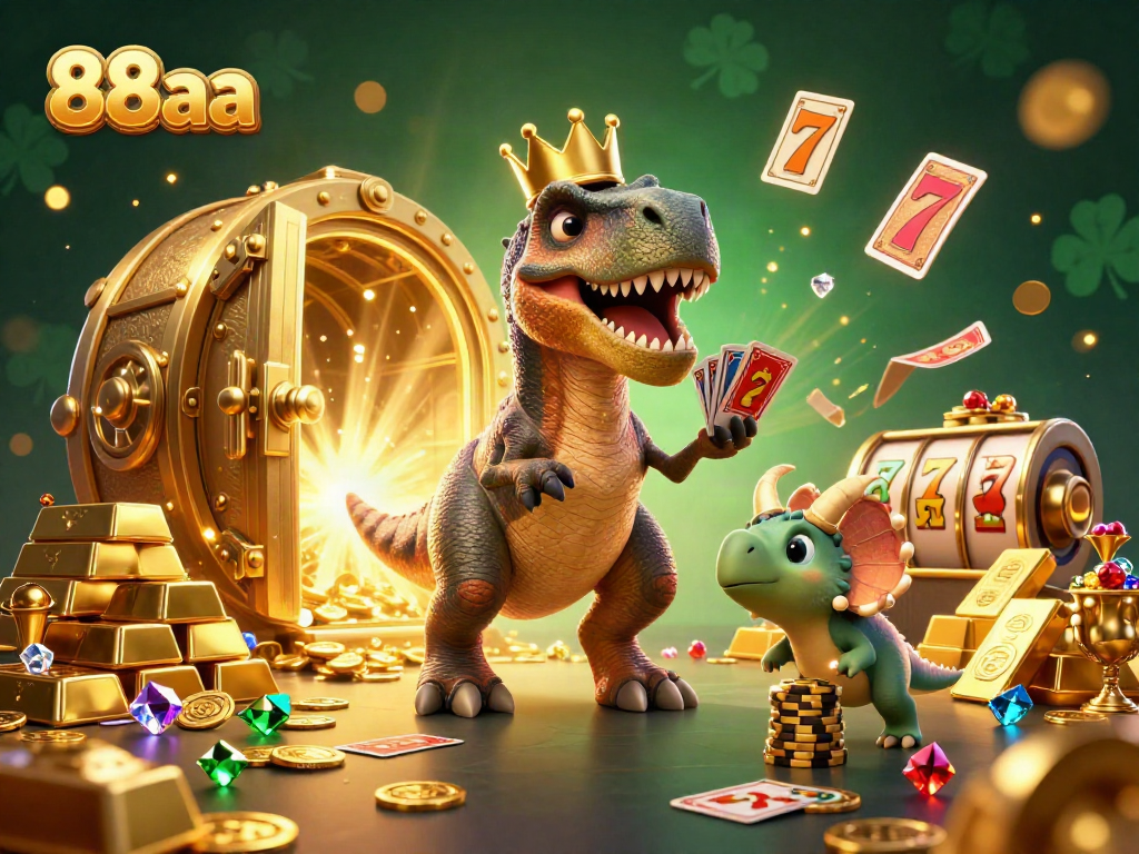 88aa engaging players with a vibrant casino scene featuring a T-Rex, a pterodactyl, and a baby triceratops in action.