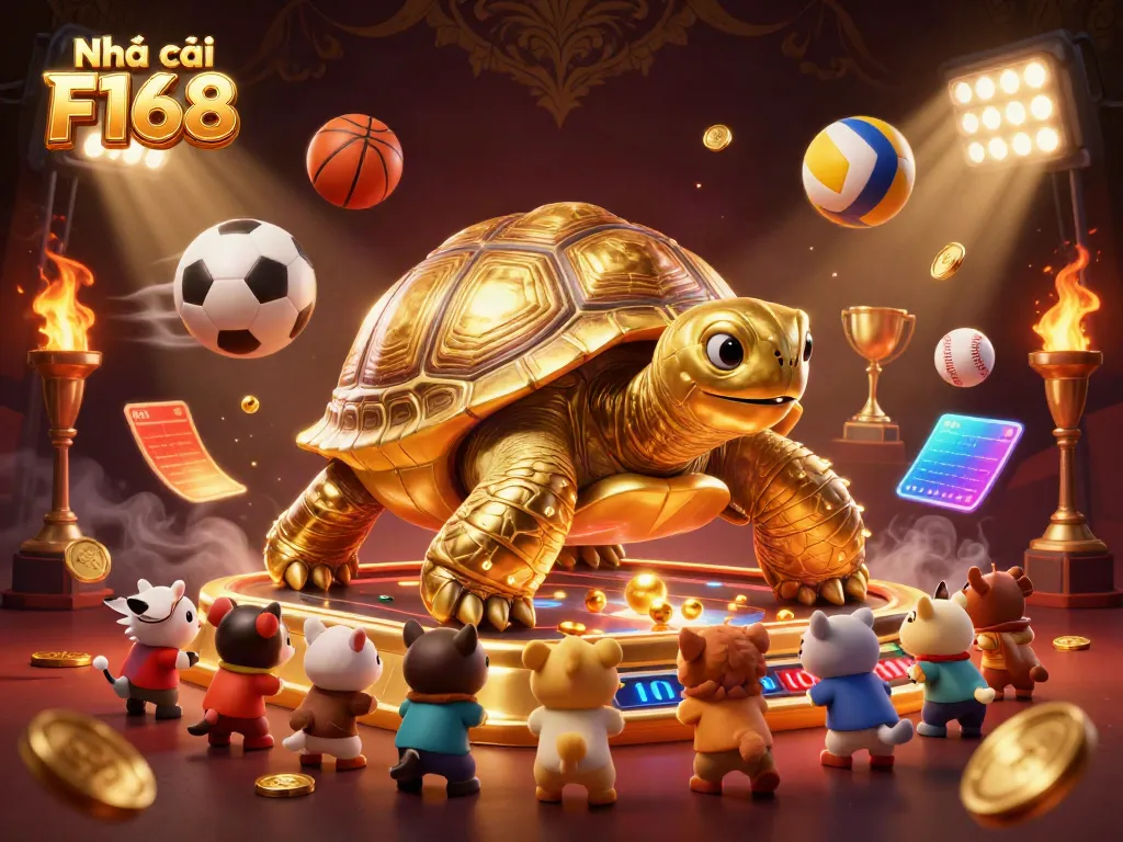 A vibrant scene at Nhà cái F168 showing a giant golden tortoise as a pinball machine surrounded by excited animals, sports balls, and glittering elements.