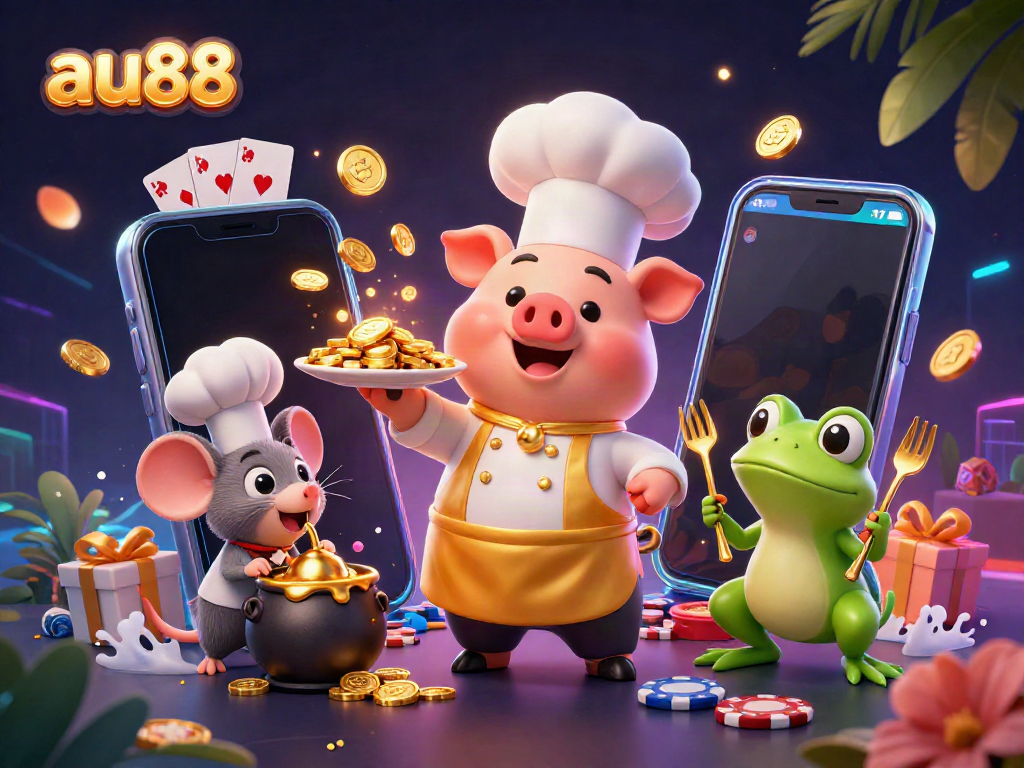 Experience the thrill of au88 with a vibrant scene of casino-themed characters and games overflowing with excitement.