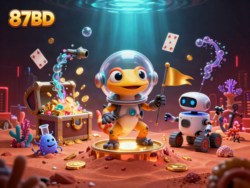 Engage with 87BD by witnessing a Martian gecko exploring a golden casino on Mars.
