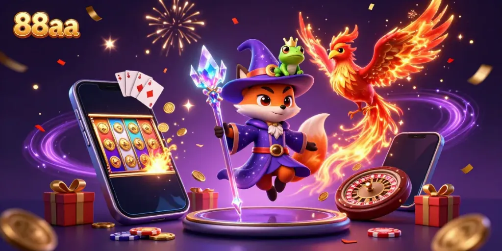 Engage in fun gambling with 88aa as a cartoon wizard fox and phoenix ignite excitement.