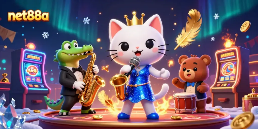 Engage with thrilling slots and live games at net88a's vibrant casino stage featuring lively characters.