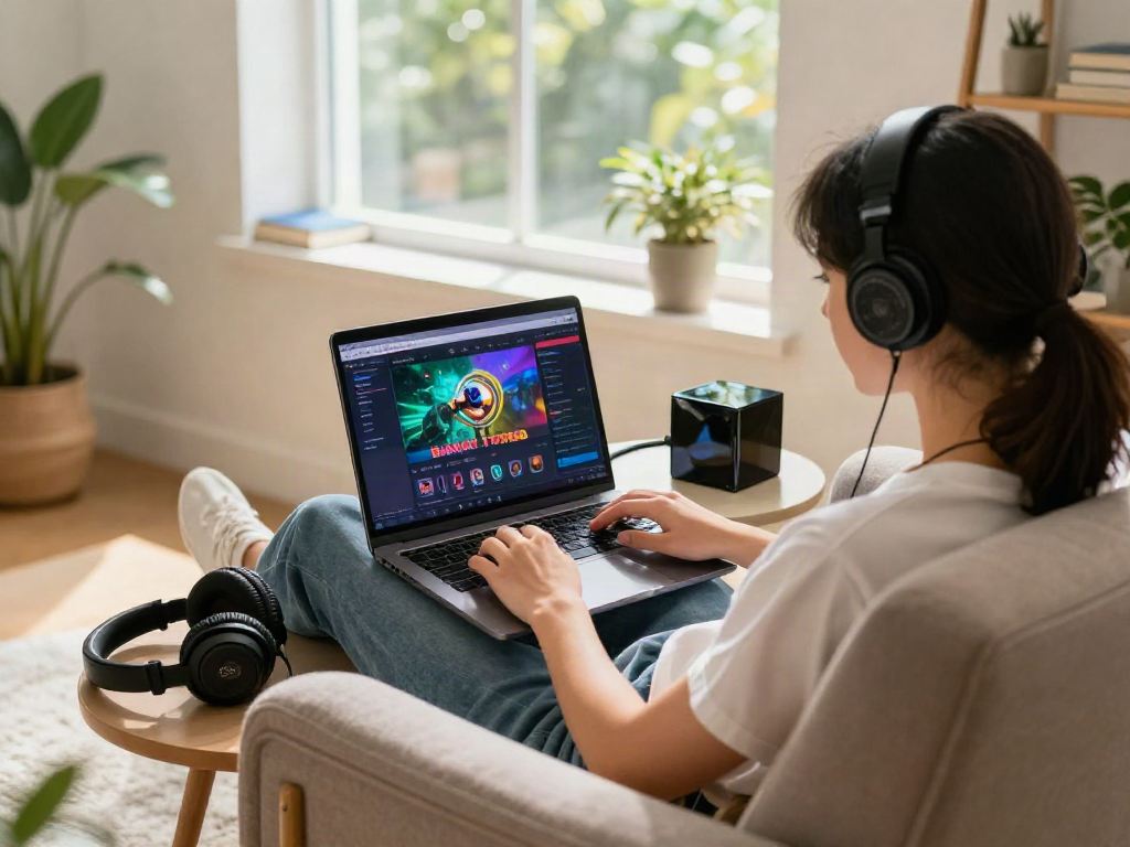 Person playing bandar togel on laptop in a cozy living room