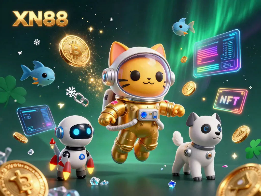 Engage with XN88's vibrant casino experience featuring a 3D astronaut cat and crypto elements.