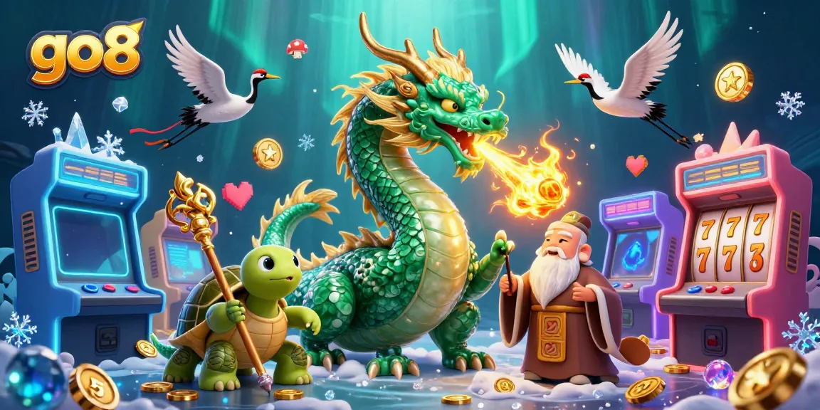 Experience the thrill of gaming with go8, featuring an emerald dragon and arcade elements in a magical scene.