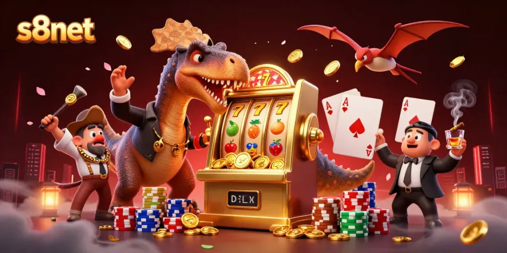 Experience the thrill at s8net as characters engage in exciting casino action around a jackpot slot machine.