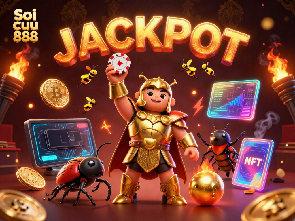 Soi cầu 888 highlights a victorious cartoon beetle with poker chip amidst dynamic gaming elements.