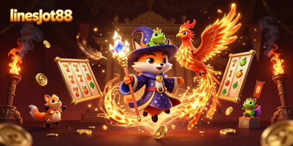 Engage with lineslot88 through a vibrant 3D fantasy casino illustration featuring magical elements and slot games.