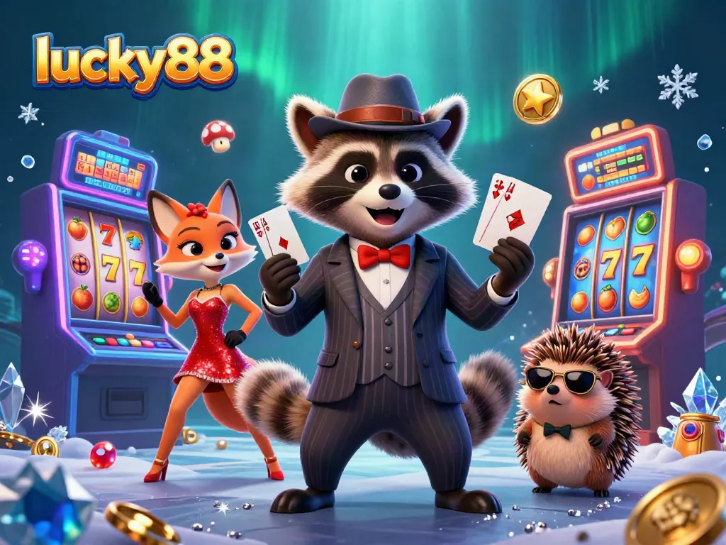 Engage in thrilling gameplay with lucky88 featuring a raccoon, fox, and hedgehog in a vibrant casino scene.