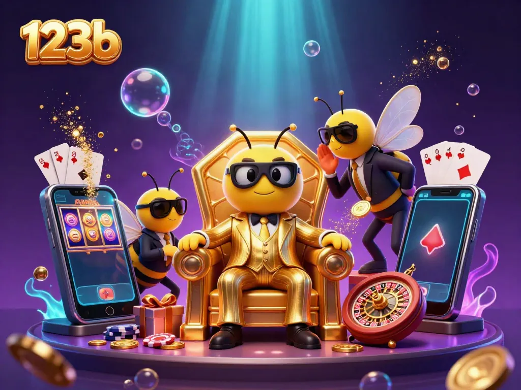Experience exciting moments at 123b with a vibrant 3D bumblebee mob boss and casino elements.
